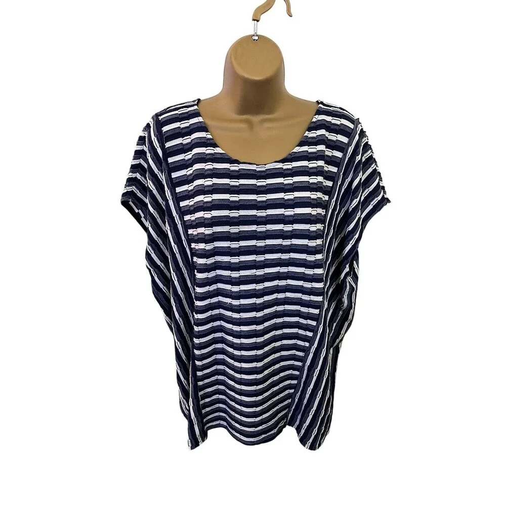 Christopher & Banks Textured Striped Knit Top Short Sleeve Blue White XL